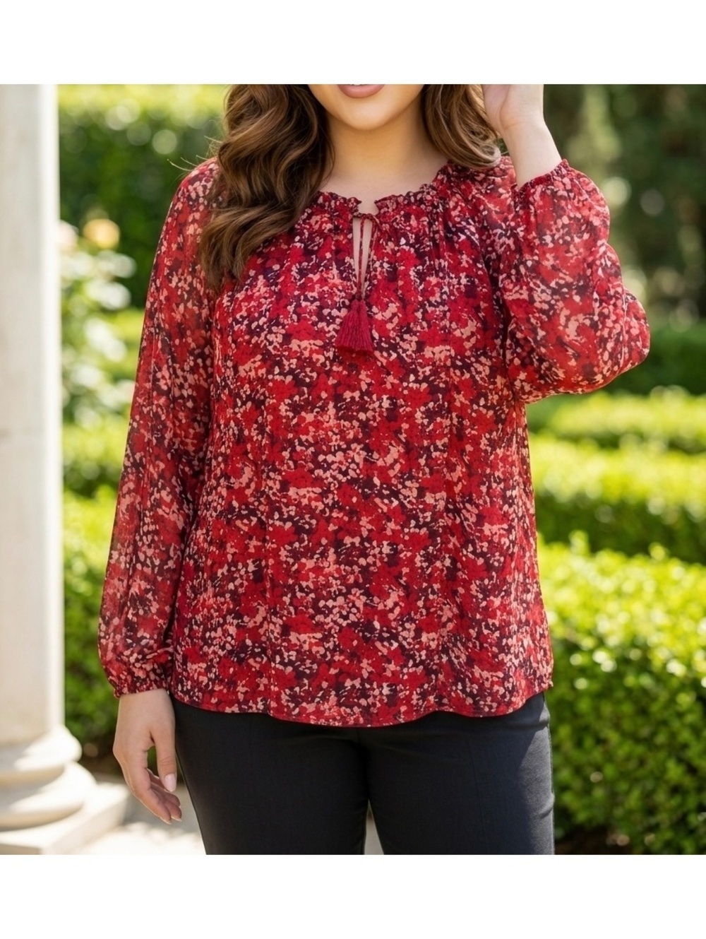 Chelsea & Theodora Red Floral Blouse 3XL NWT Long Sleeve Lightweight Lined Top